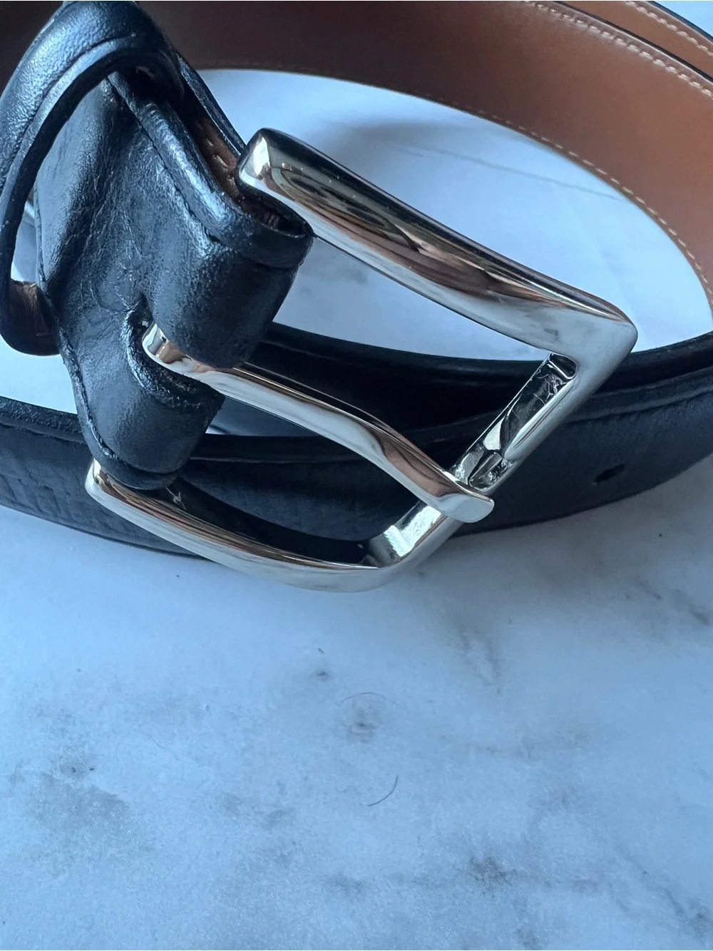 Shinola Black Leather Belt with Brown Interior and Silver Buckle 36